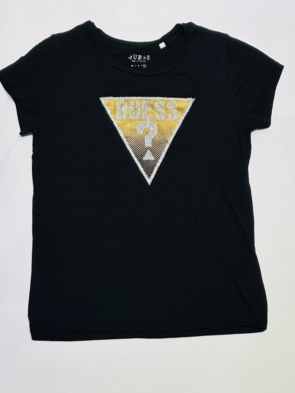 GUESS Black Tee with Gold Sequin Triangle Logo